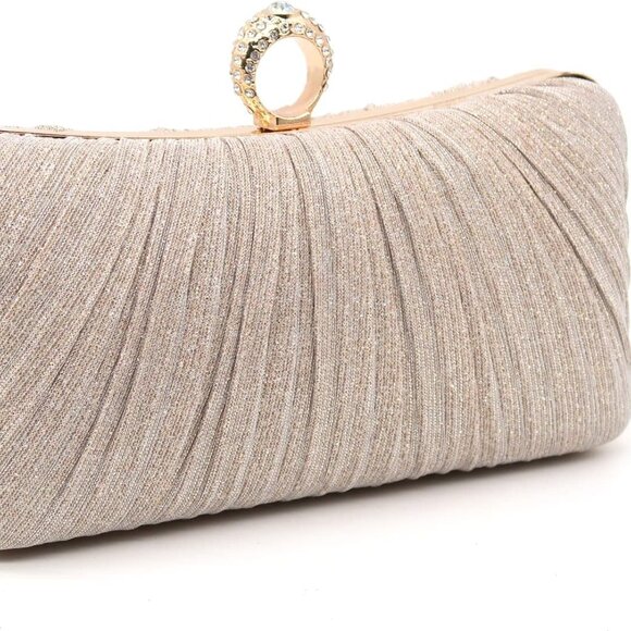 Women Pleated Glitter Evening Clutch Purse with Rhinestone Strap for Party - Picture 6 of 7